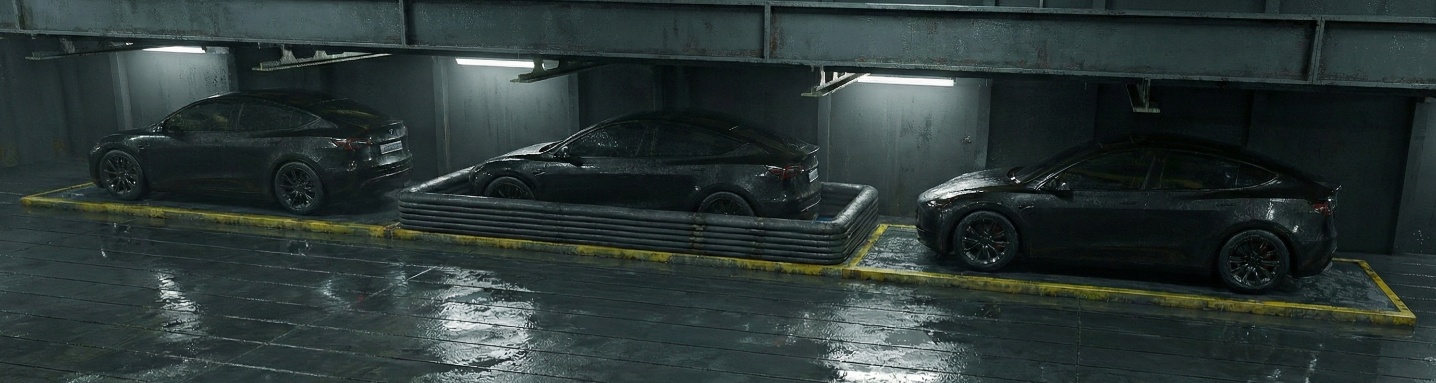 Concept visualization of PyroPool deployed around a vehicle on a car deck